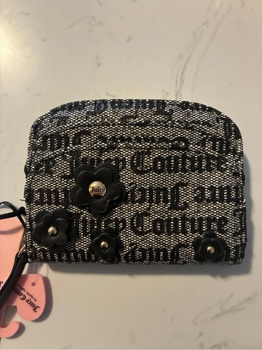 Juicy Couture Black & White Logo Zip Around Wallet Coin Purse Floral NWT